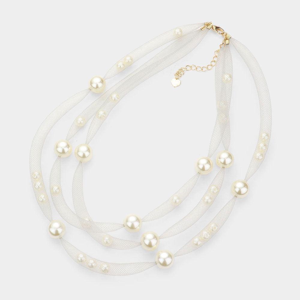 Silver Pearl Accented Triple Layered Mesh Bib Necklace - Jewelry Store by Erik Rayo