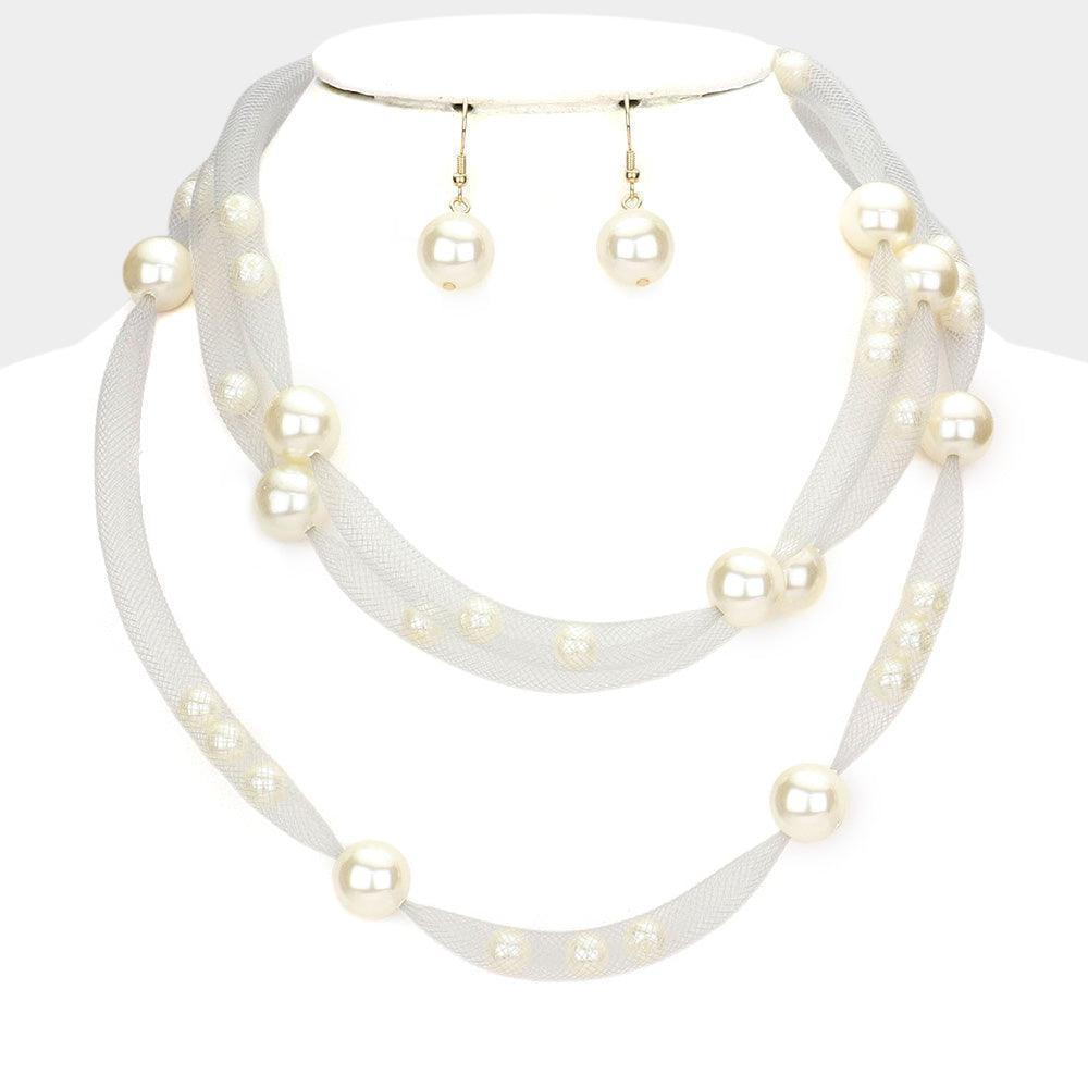 Silver Pearl Accented Triple Layered Mesh Bib Necklace - Jewelry Store by Erik Rayo