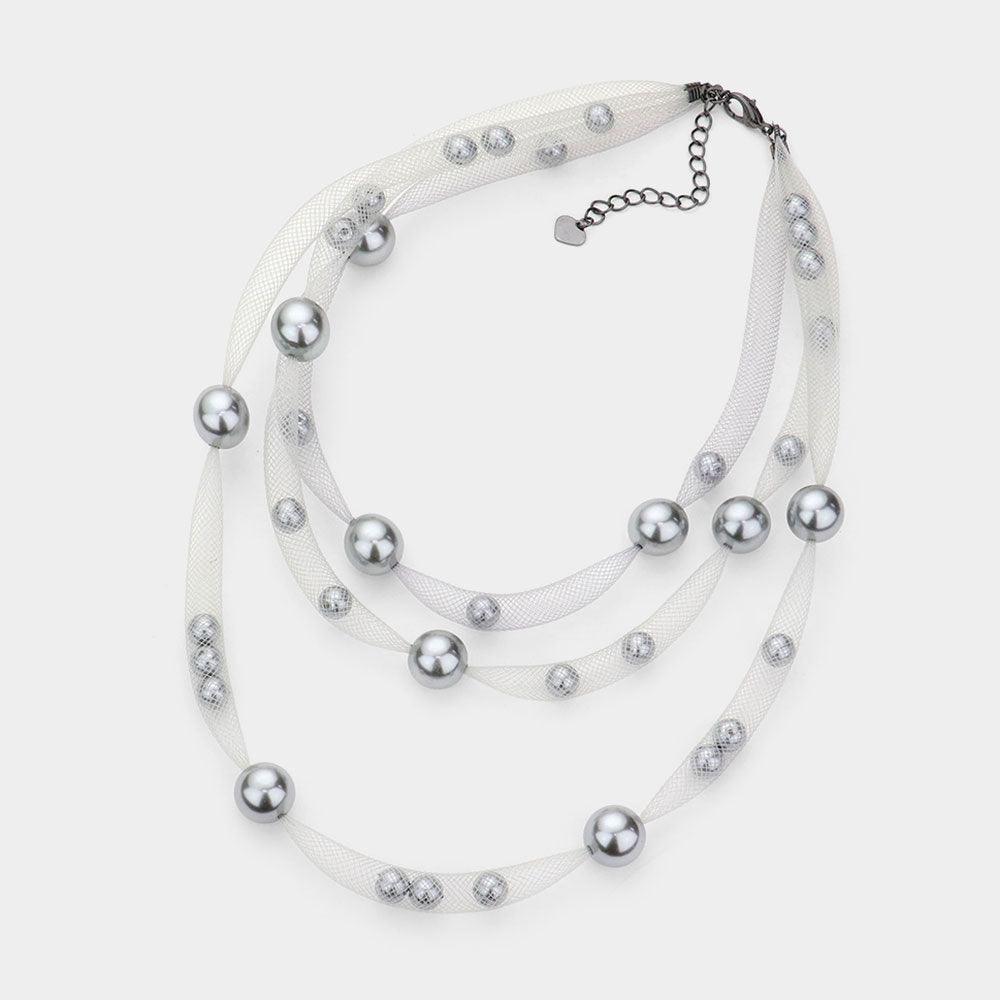 Gray Pearl Accented Triple Layered Mesh Bib Necklace - Jewelry Store by Erik Rayo