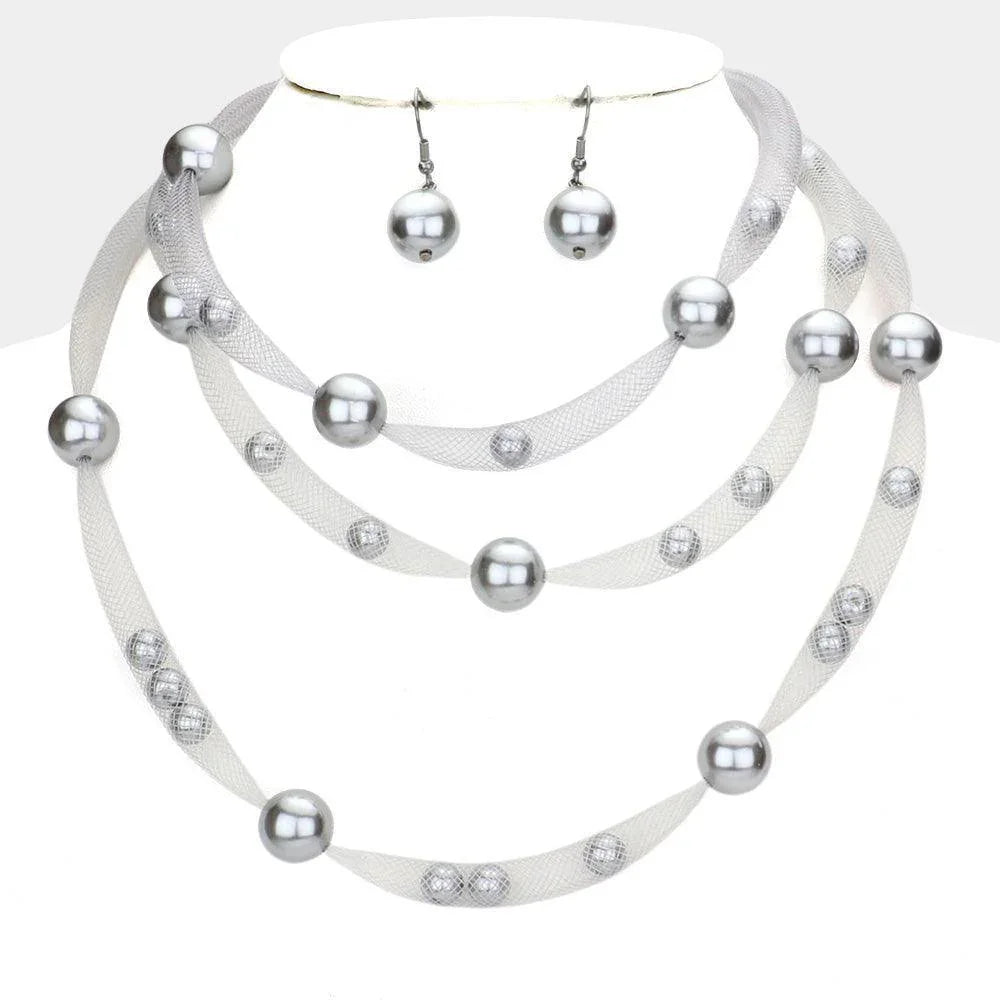 Gray Pearl Accented Triple Layered Mesh Bib Necklace - Jewelry Store by Erik Rayo