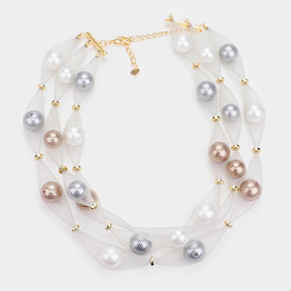 Gray Triple Mesh Tube Pearl Collar Necklace - Jewelry Store by Erik Rayo