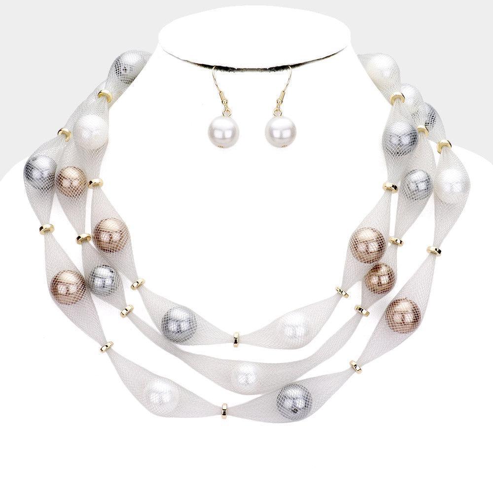 Gray Triple Mesh Tube Pearl Collar Necklace - Jewelry Store by Erik Rayo