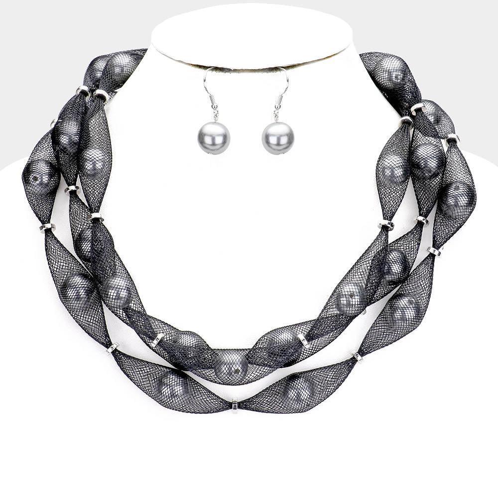 Gray Triple Mesh Tube Pearl Collar Necklace - Jewelry Store by Erik Rayo