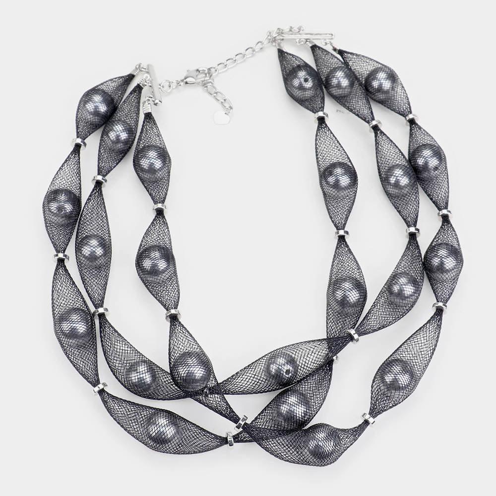 Gray Triple Mesh Tube Pearl Collar Necklace - Jewelry Store by Erik Rayo
