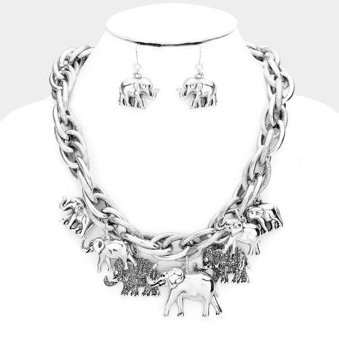 Silver Elephant Fringe Chain Necklace