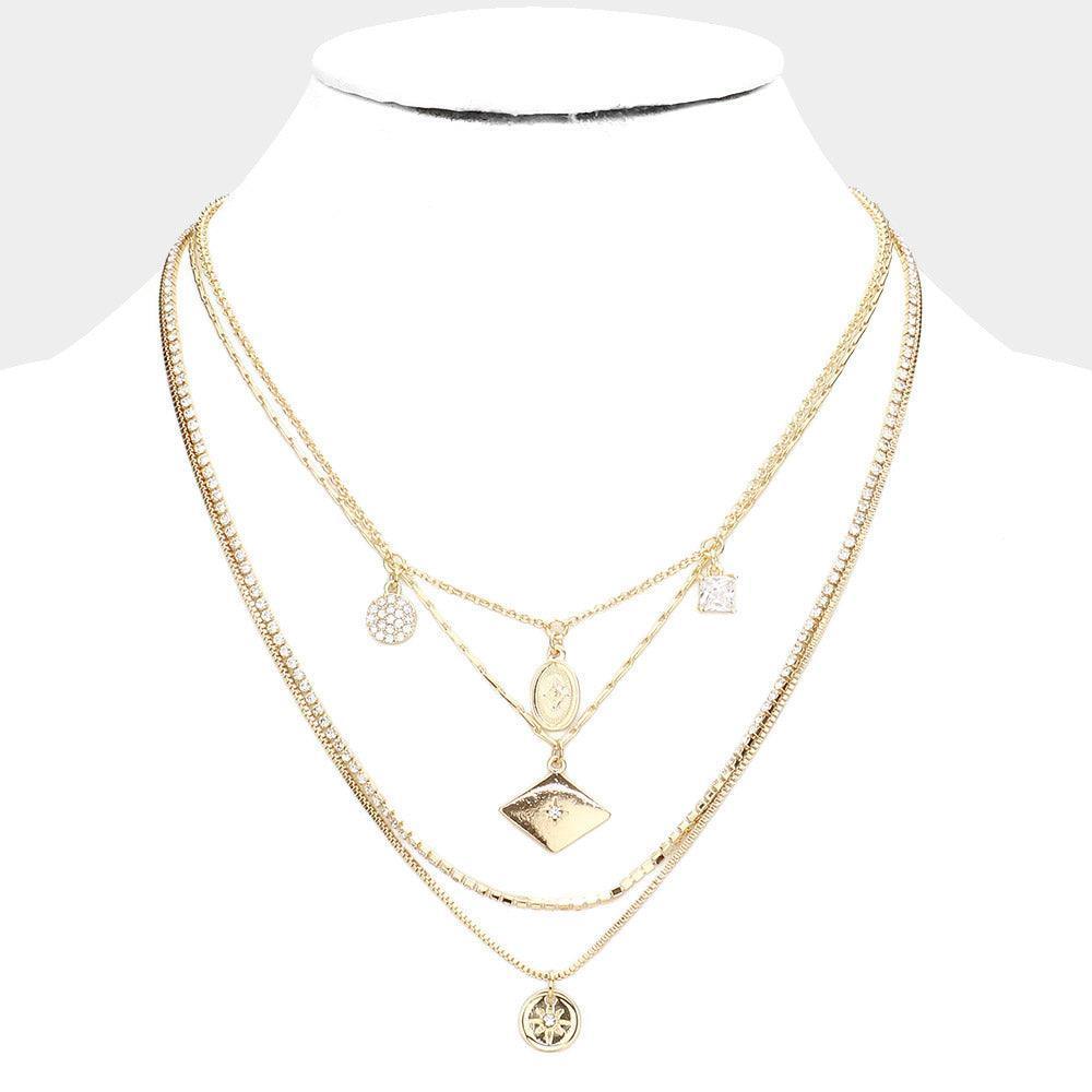 Gold Rhinestone Embellished North Star Pendant Multi Layered Necklace - Jewelry Store by Erik Rayo