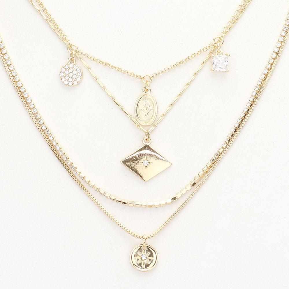 Gold Rhinestone Embellished North Star Pendant Multi Layered Necklace - Jewelry Store by Erik Rayo
