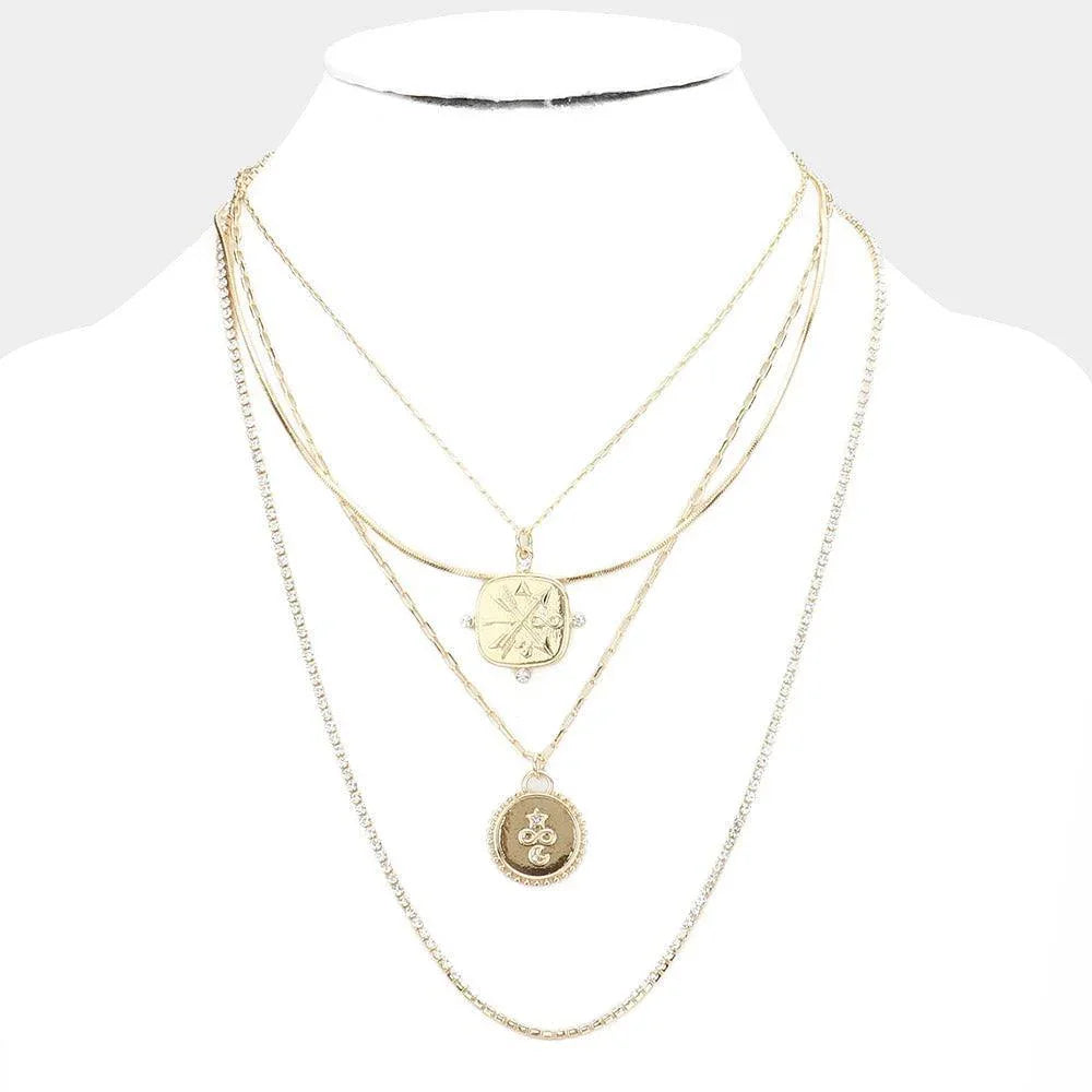 Gold Arrow Star Moon Accented Metal Pendant Multi Layered Bib Necklace - Jewelry Store by Erik Rayo