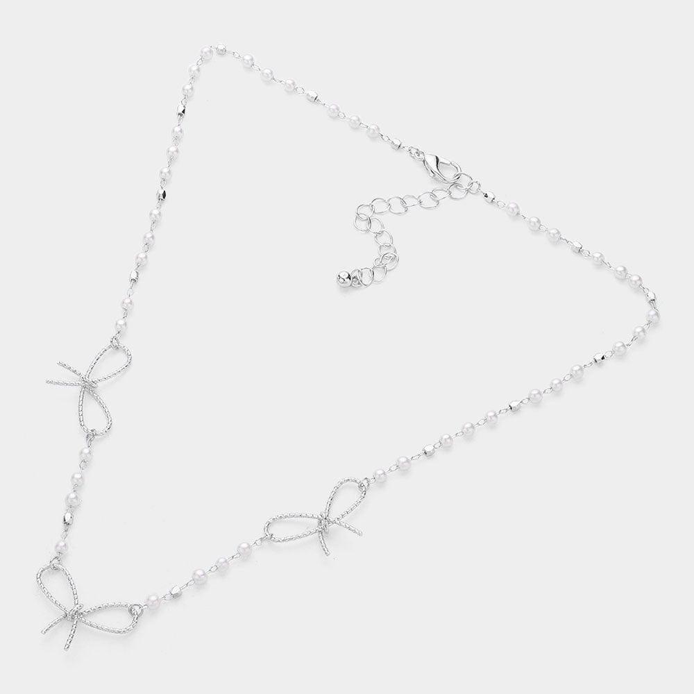 White Textured Metal Wire Bow Pendant Pearl Station Necklace - Jewelry Store by Erik Rayo