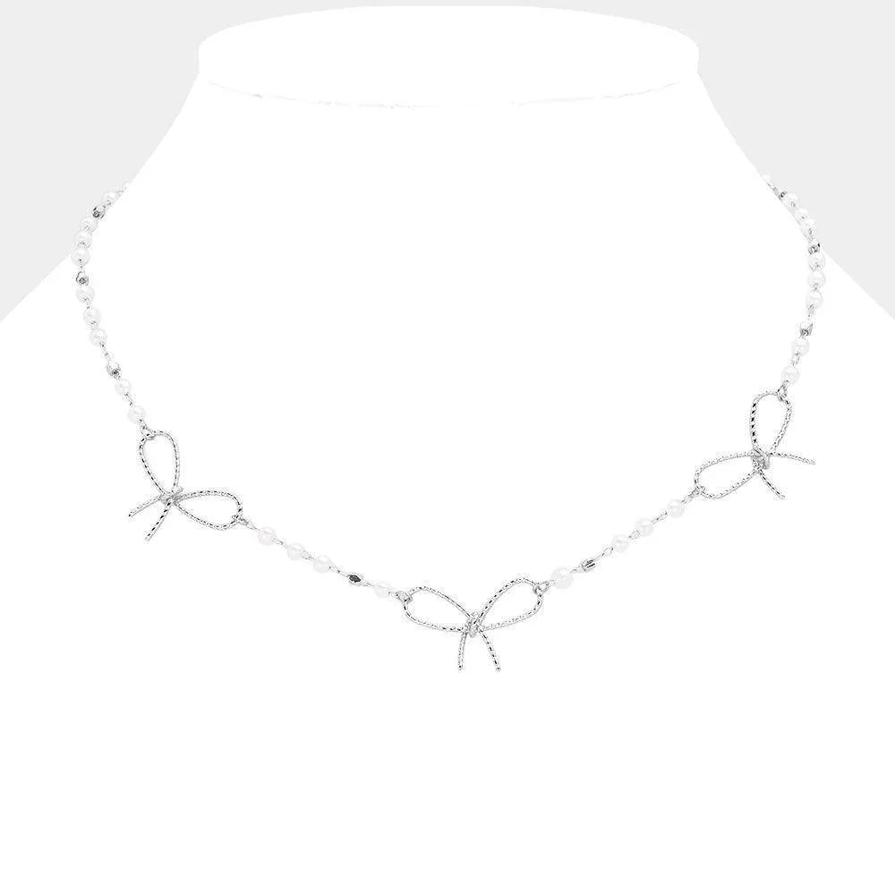 White Textured Metal Wire Bow Pendant Pearl Station Necklace - Jewelry Store by Erik Rayo