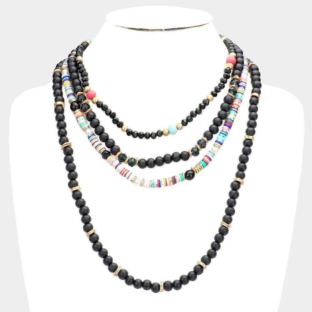 Black Multi Layered Wood Heishi Beaded Bib Necklace - Jewelry Store by Erik Rayo