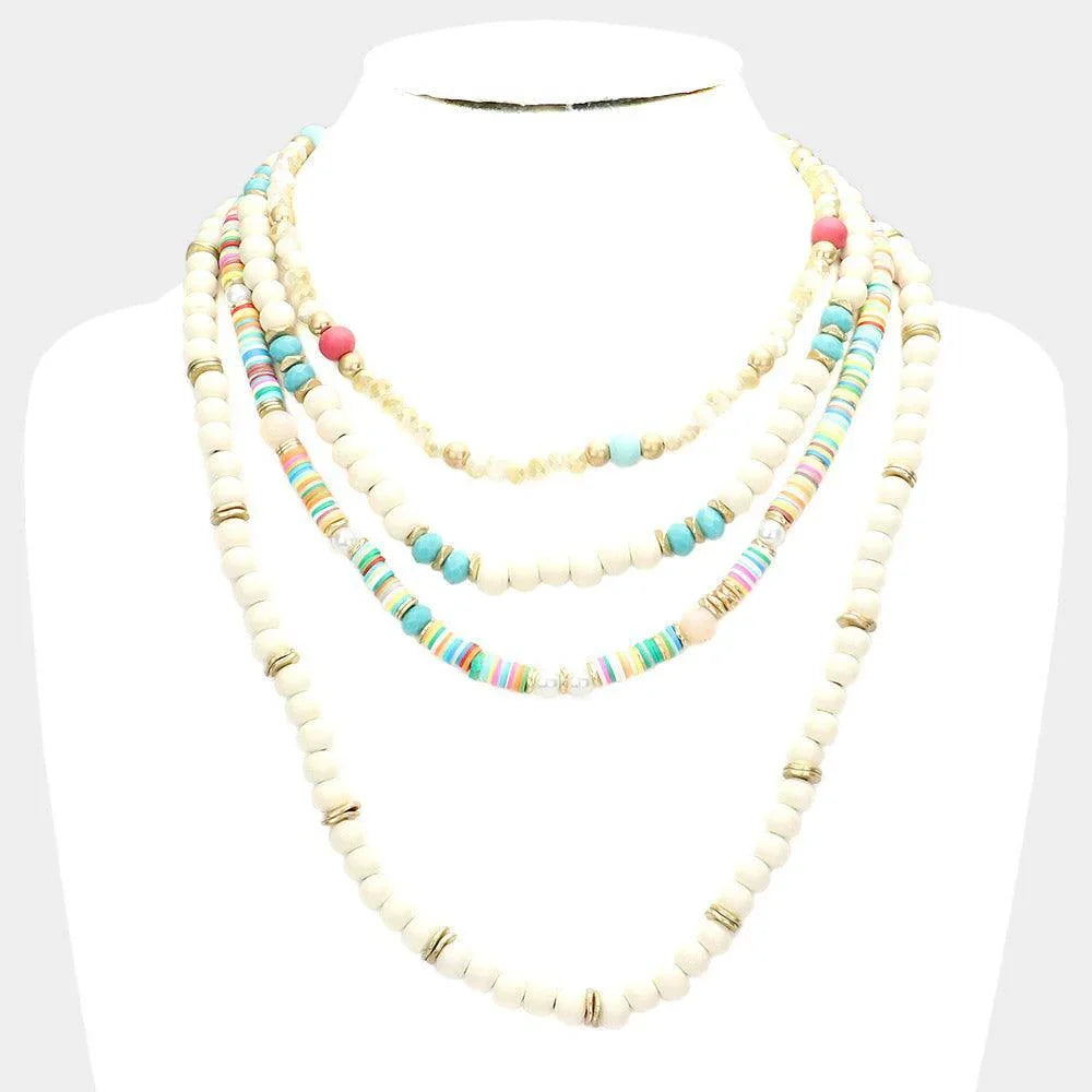 White Multi Layered Wood Heishi Beaded Bib Necklace - Jewelry Store by Erik Rayo