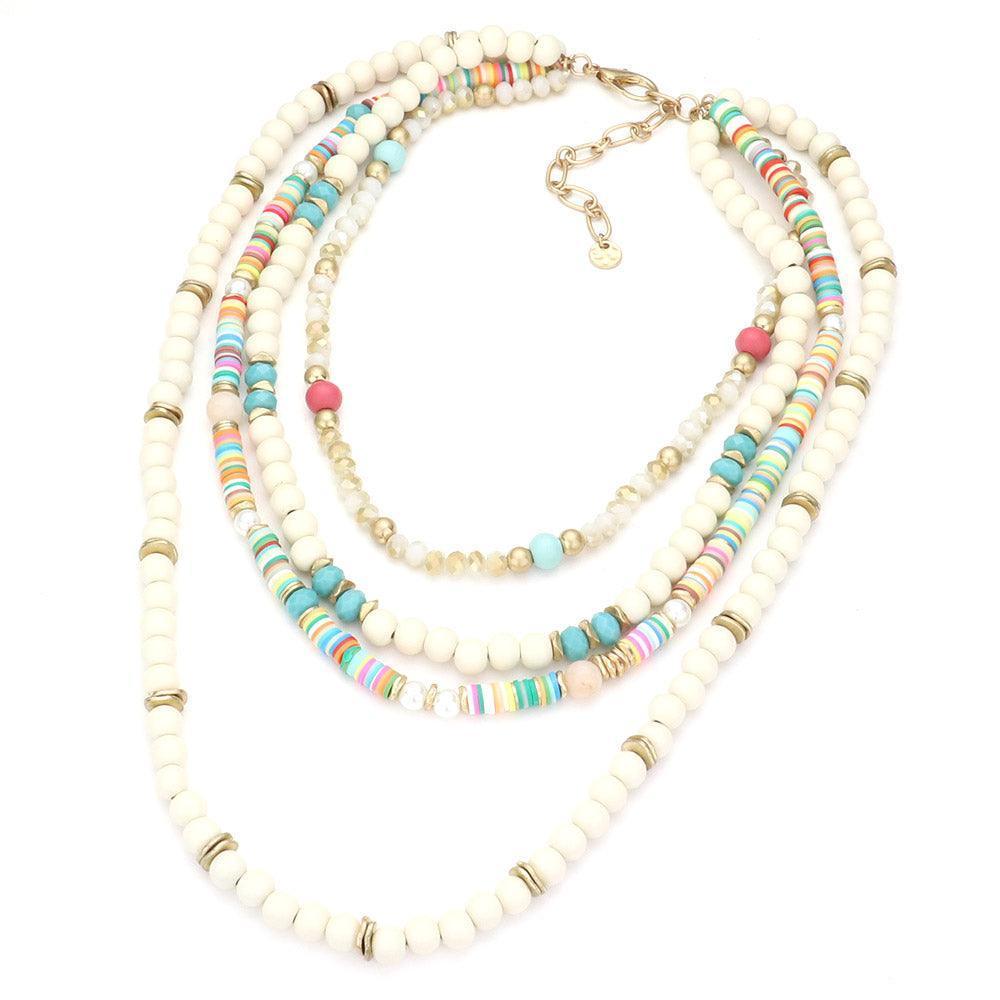White Multi Layered Wood Heishi Beaded Bib Necklace - Jewelry Store by Erik Rayo