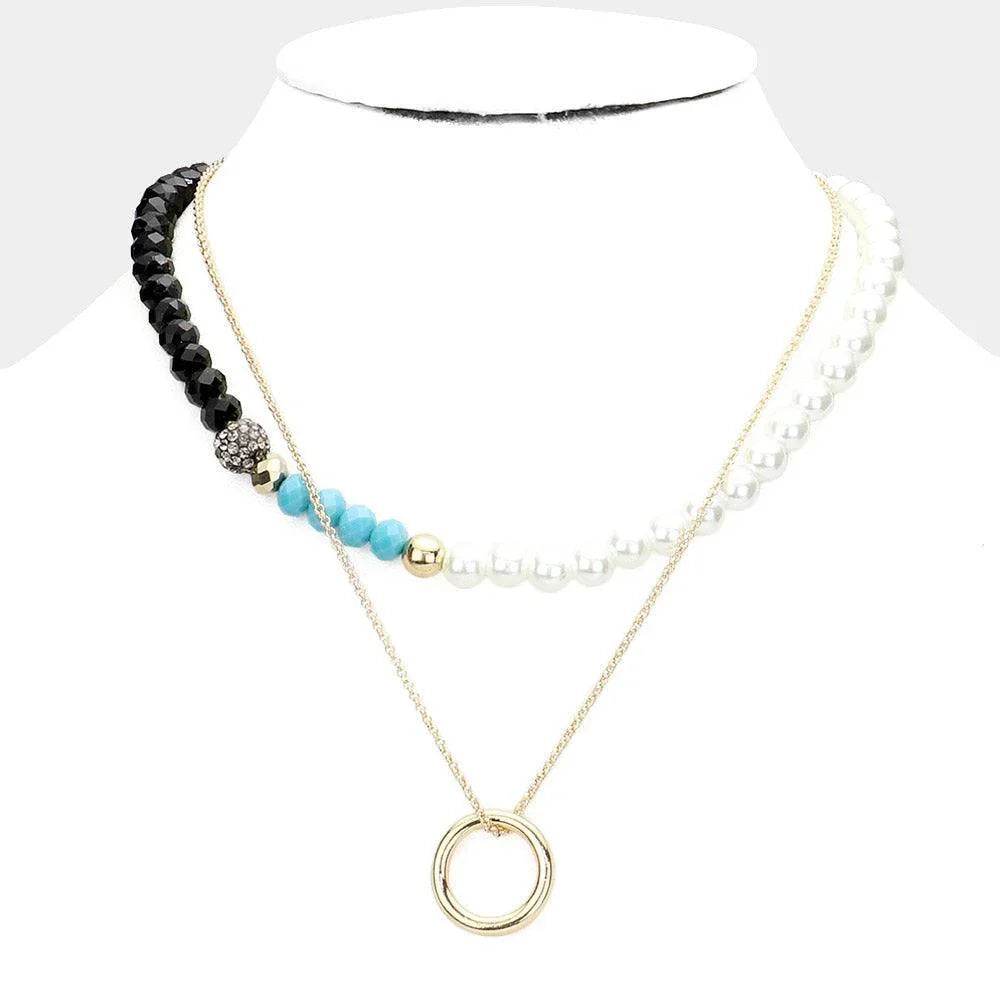 Black Open Metal Circle Pendant Pearl Shamballa Ball Faceted Beaded Necklace - Jewelry Store by Erik Rayo