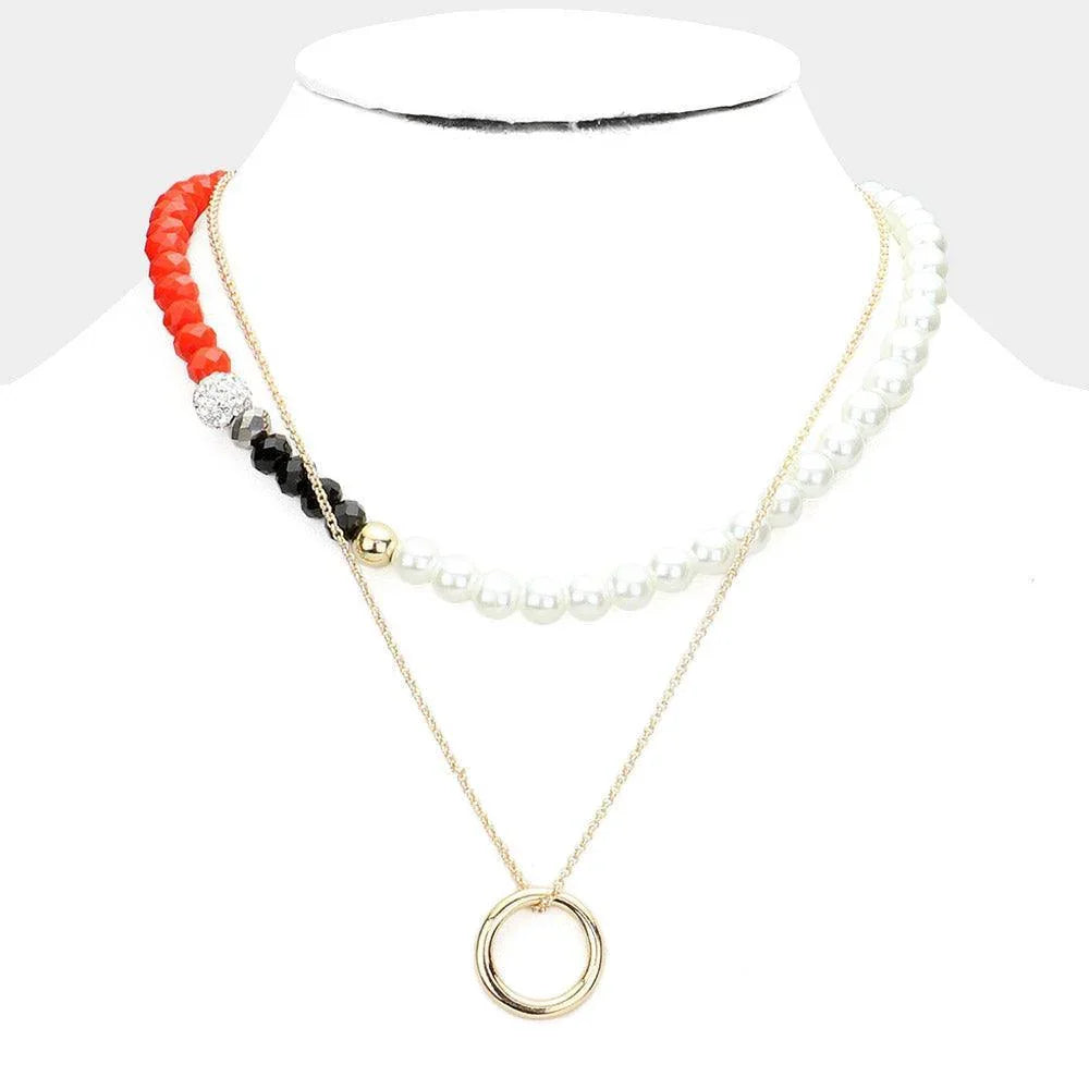 Red Open Metal Circle Pendant Pearl Shamballa Ball Faceted Beaded Necklace - Jewelry Store by Erik Rayo