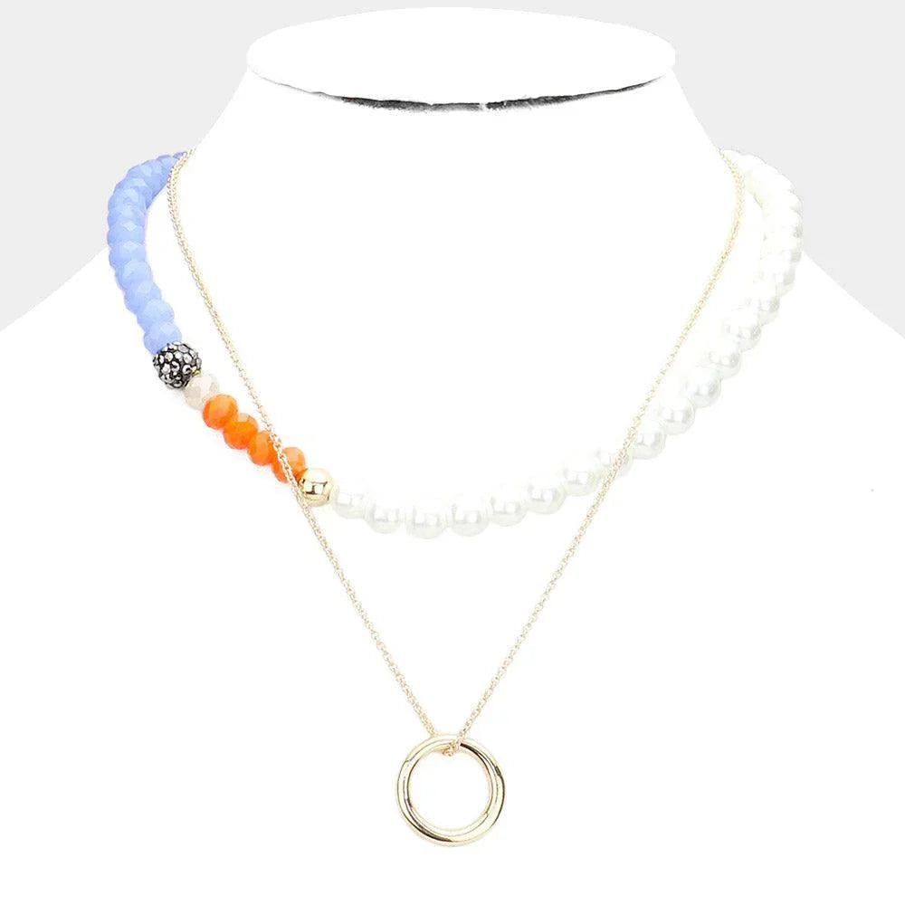 Blue Open Metal Circle Pendant Pearl Shamballa Ball Faceted Beaded Necklace - Jewelry Store by Erik Rayo
