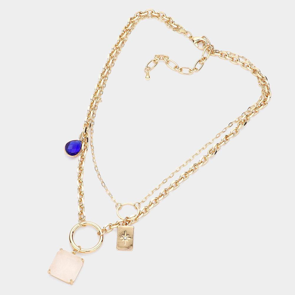 Gold Teardrop Square Bead North Star Centered Rectangle Pendant Double Layered Necklace - Jewelry Store by Erik Rayo
