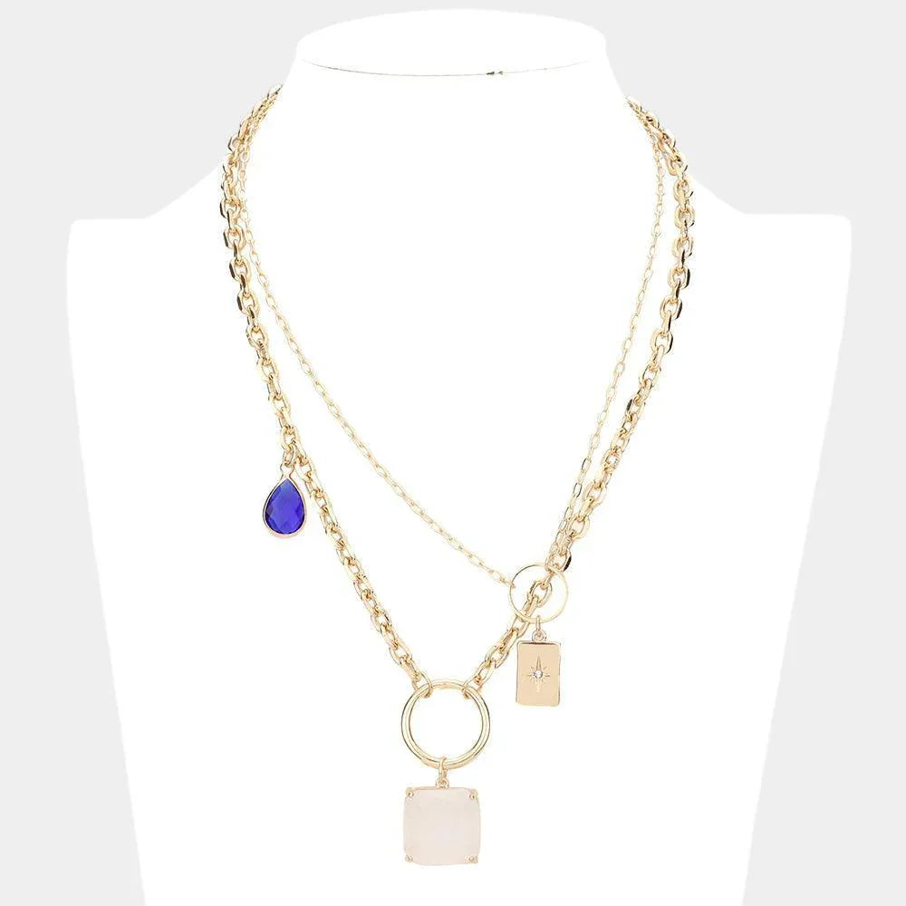 Gold Teardrop Square Bead North Star Centered Rectangle Pendant Double Layered Necklace - Jewelry Store by Erik Rayo