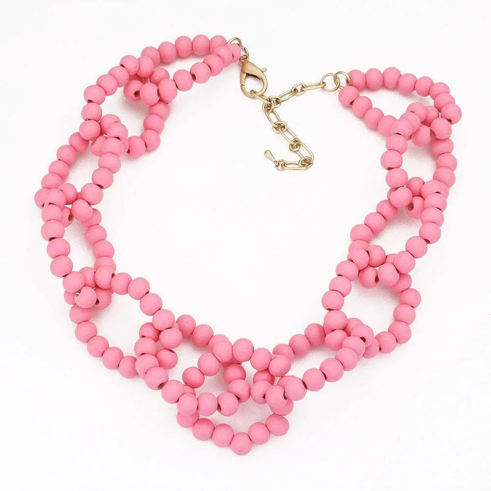 Pink Wood Beaded Open Oval Link Necklace - Jewelry Store by Erik Rayo