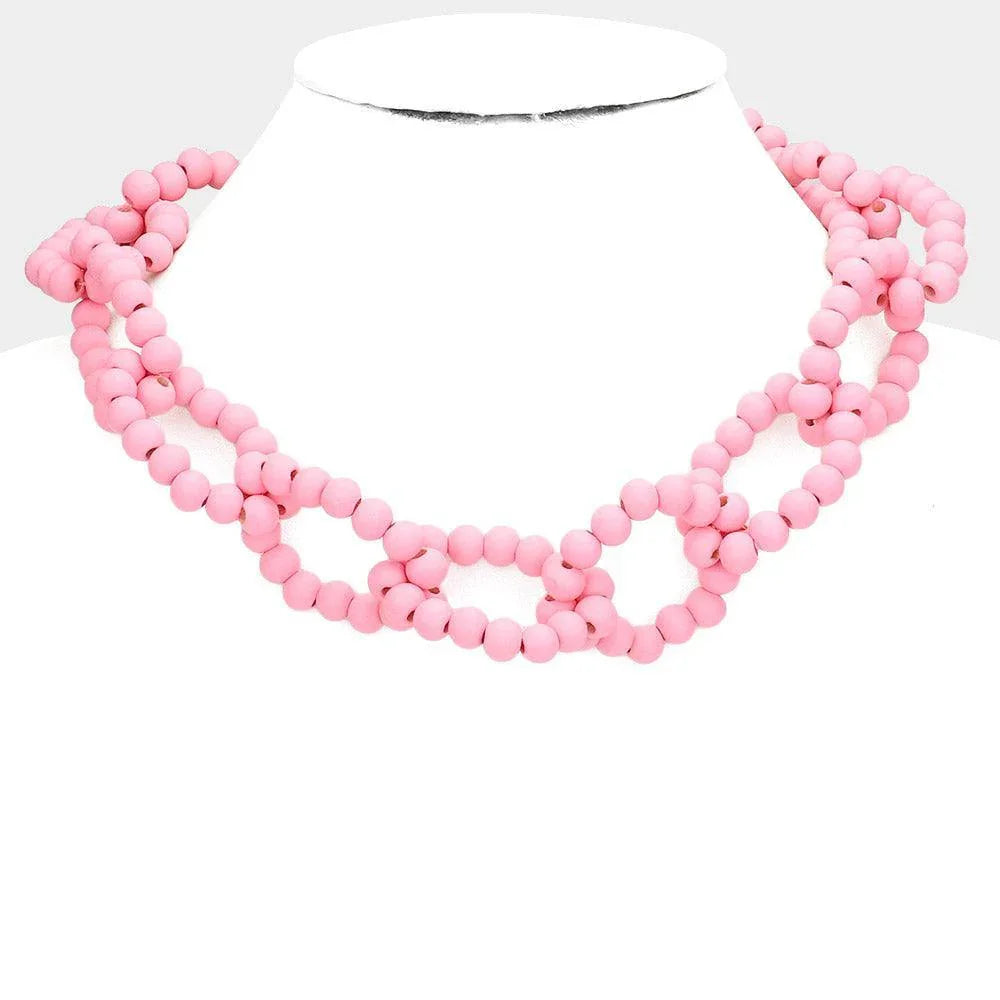 Pink Wood Beaded Open Oval Link Necklace - Jewelry Store by Erik Rayo