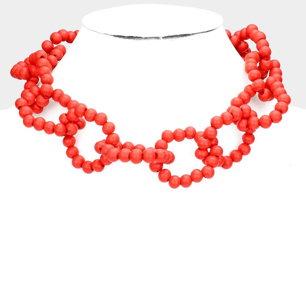 Red Wood Beaded Open Oval Link Necklace