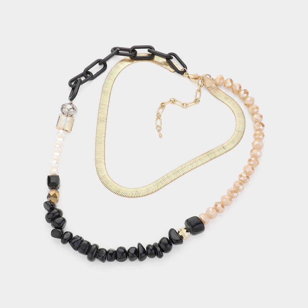 Black Freshwater Pearl Abstract Stone Cluster Double Layered Bib Necklace - Jewelry Store by Erik Rayo