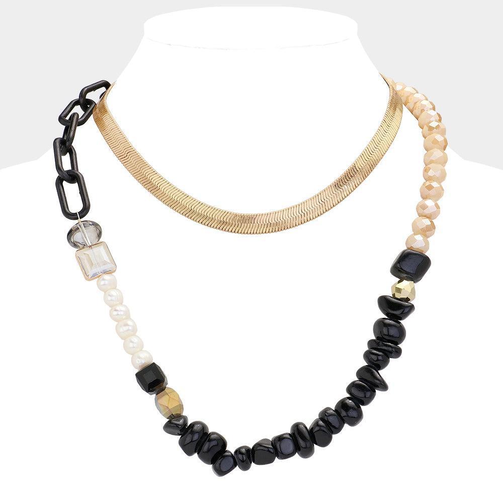 Black Freshwater Pearl Abstract Stone Cluster Double Layered Bib Necklace - Jewelry Store by Erik Rayo