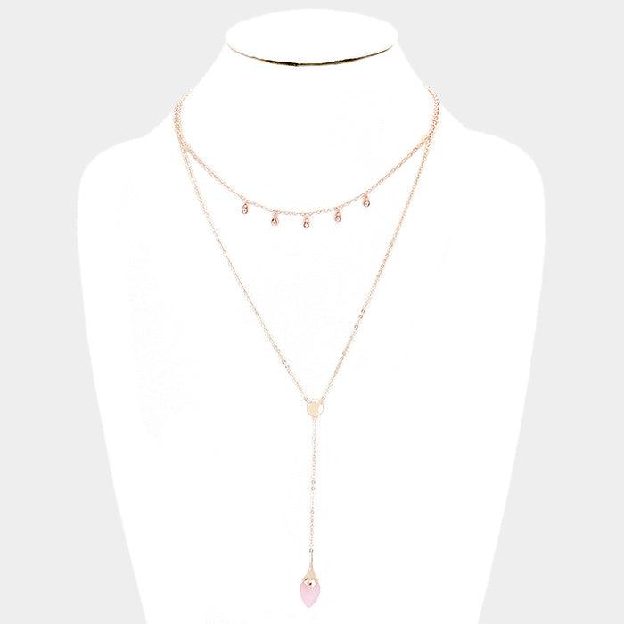 Rose Gold Layered Semi Precious Y Shaped Necklace