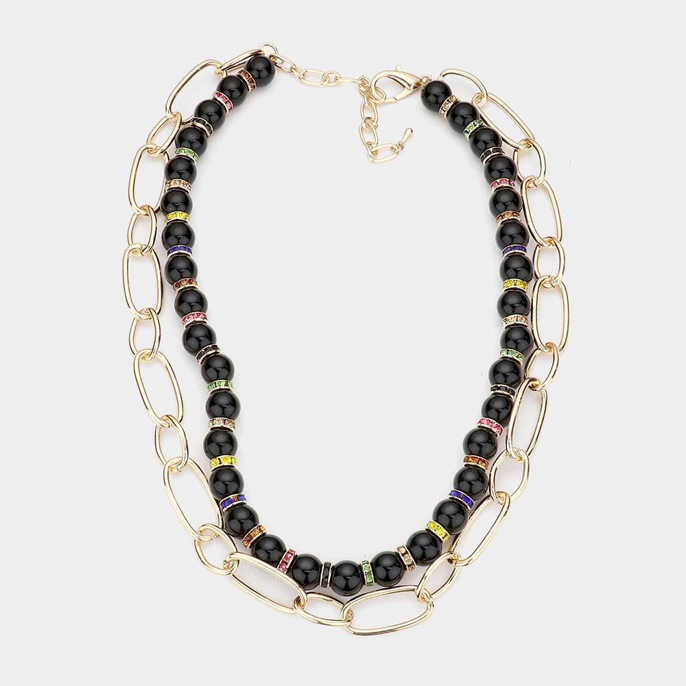 Black Beaded Open Metal Oval Link Double Layered Necklace - Jewelry Store by Erik Rayo