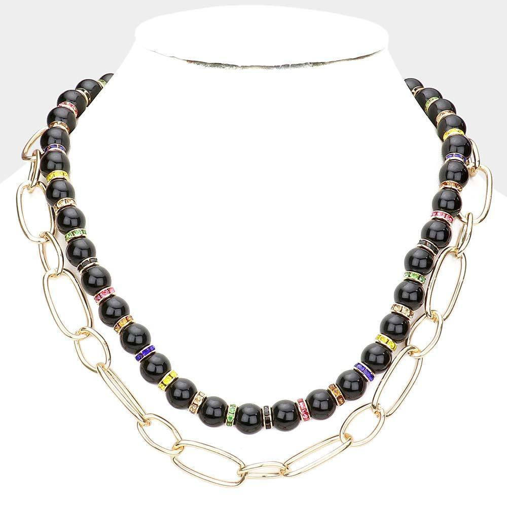 Black Beaded Open Metal Oval Link Double Layered Necklace - Jewelry Store by Erik Rayo