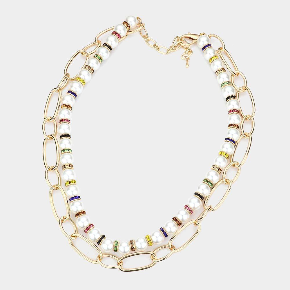 Cream Pearl Open Metal Oval Link Double Layered Necklace - Jewelry Store by Erik Rayo