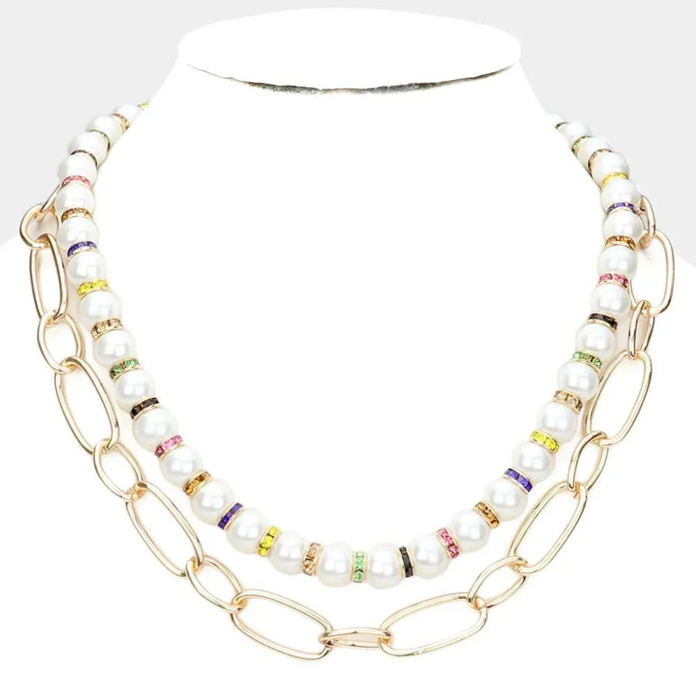 Cream Pearl Open Metal Oval Link Double Layered Necklace - Jewelry Store by Erik Rayo
