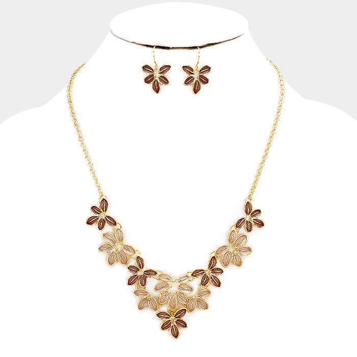 Brown Embossed Metal Leaf Cluster Statement Necklace