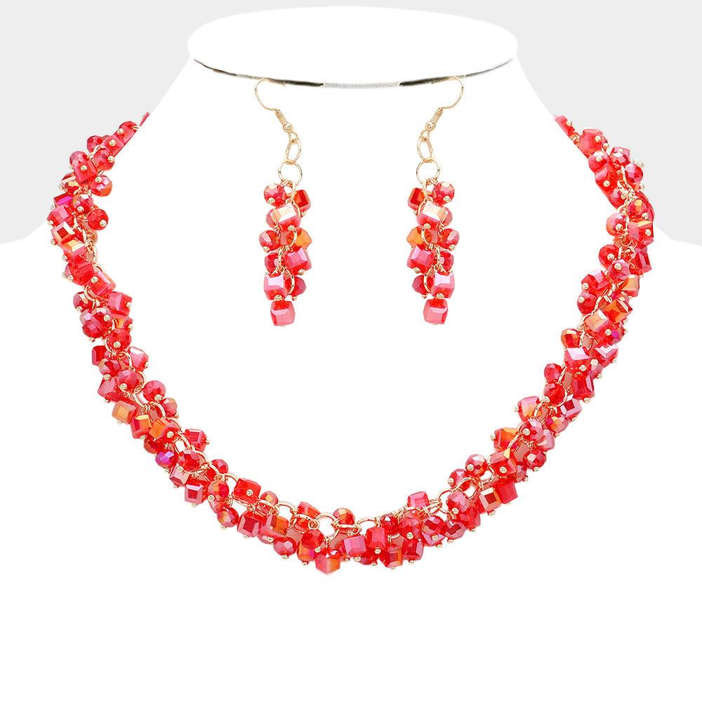 Red Square Round Beaded Necklace