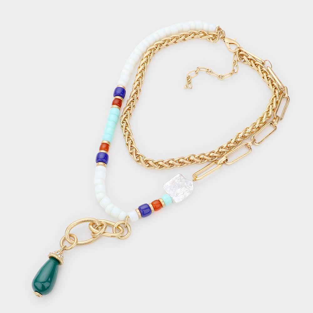 White Teardrop Accented Beaded Double Layered Necklace - Jewelry Store by Erik Rayo