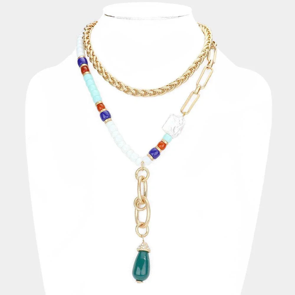 White Teardrop Accented Beaded Double Layered Necklace - Jewelry Store by Erik Rayo