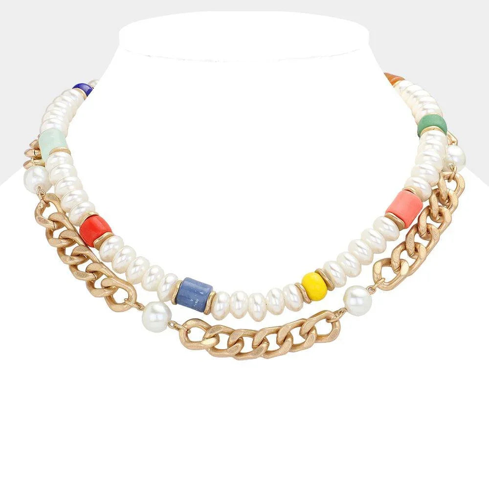 Pearl Metal Chain Resin Beaded Double Layered Necklace - Jewelry Store by Erik Rayo