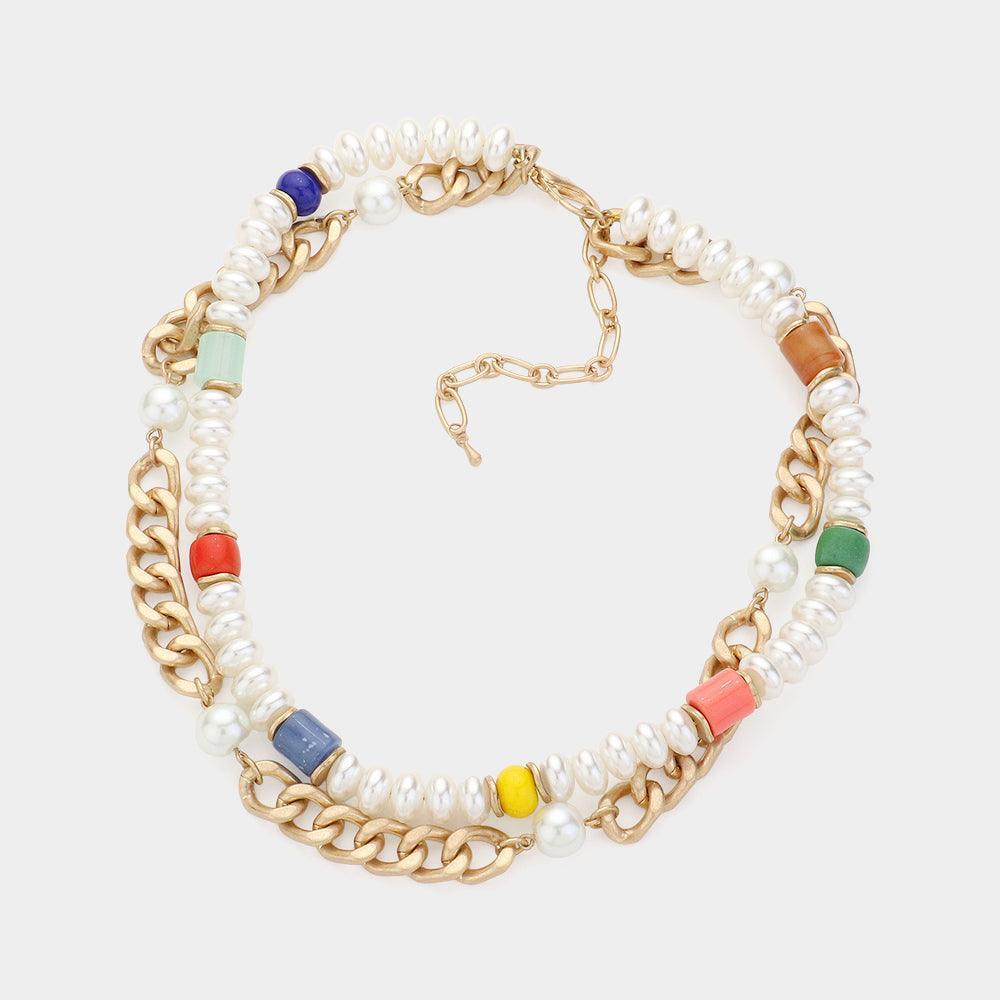 Pearl Metal Chain Resin Beaded Double Layered Necklace - Jewelry Store by Erik Rayo