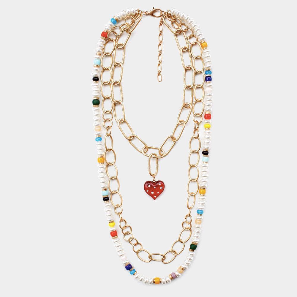 Heart Pendant Accented Pearl Resin Beaded Triple Layered Necklace - Jewelry Store by Erik Rayo