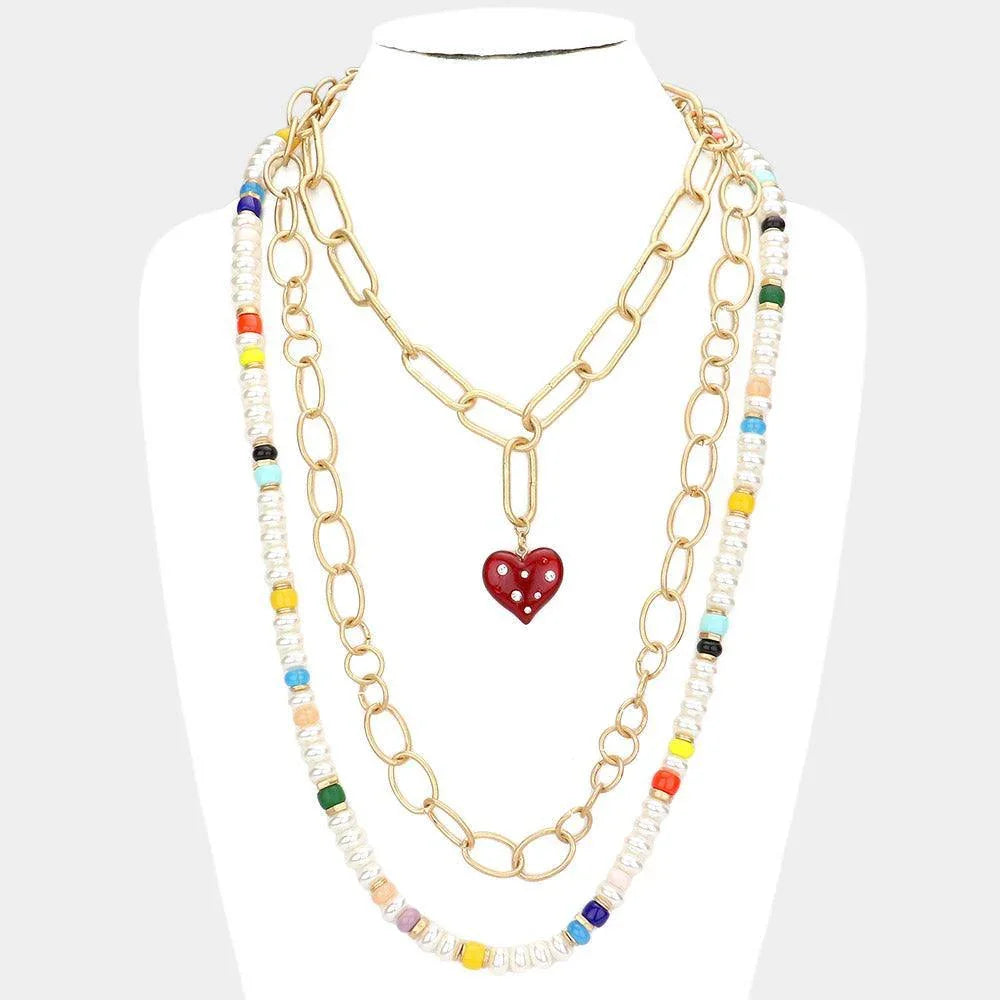 Heart Pendant Accented Pearl Resin Beaded Triple Layered Necklace - Jewelry Store by Erik Rayo