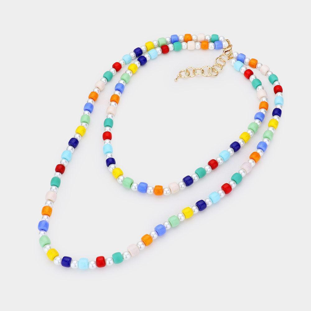 Colorful Bead Pointed Pearl Double Layered Bib Necklace - Jewelry Store by Erik Rayo