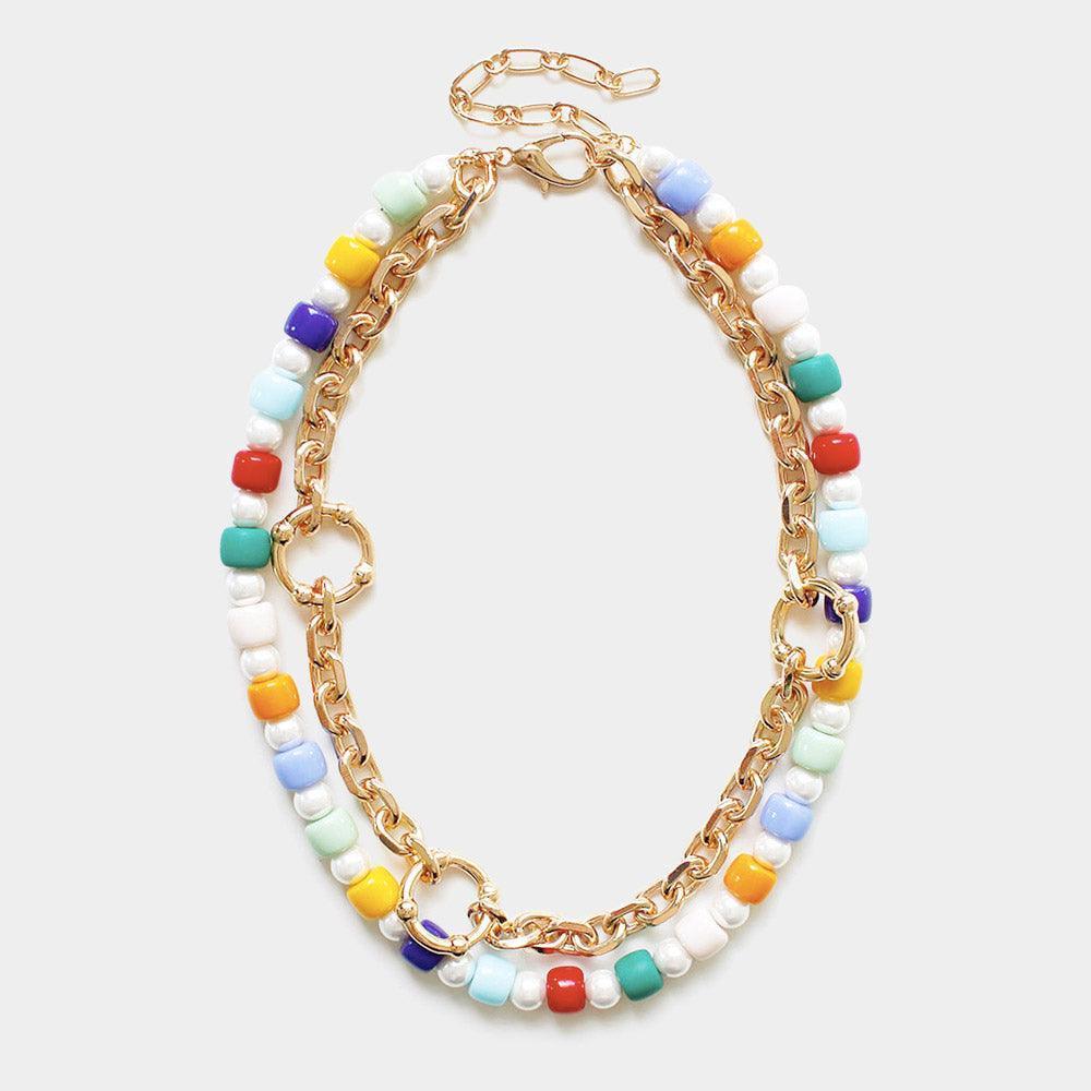Open Metal Circle Accented Pearl Resin Beaded Double Layered Necklace - Jewelry Store by Erik Rayo