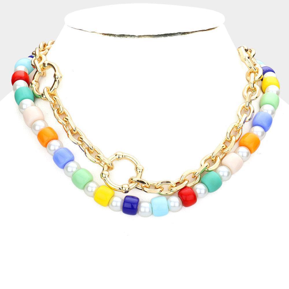 Open Metal Circle Accented Pearl Resin Beaded Double Layered Necklace - Jewelry Store by Erik Rayo