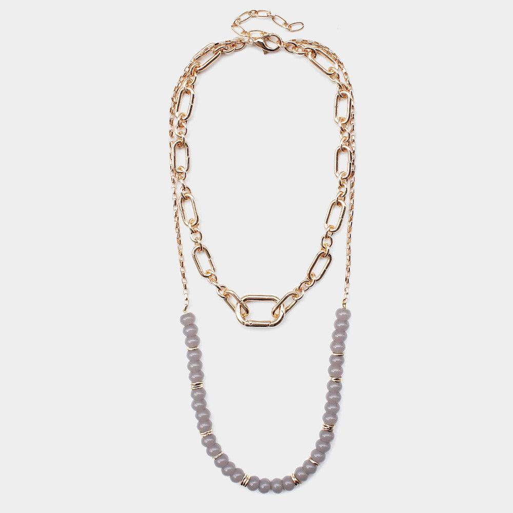 Gray Open Metal Oval Link Resin Beaded Double Layered Bib Necklace - Jewelry Store by Erik Rayo