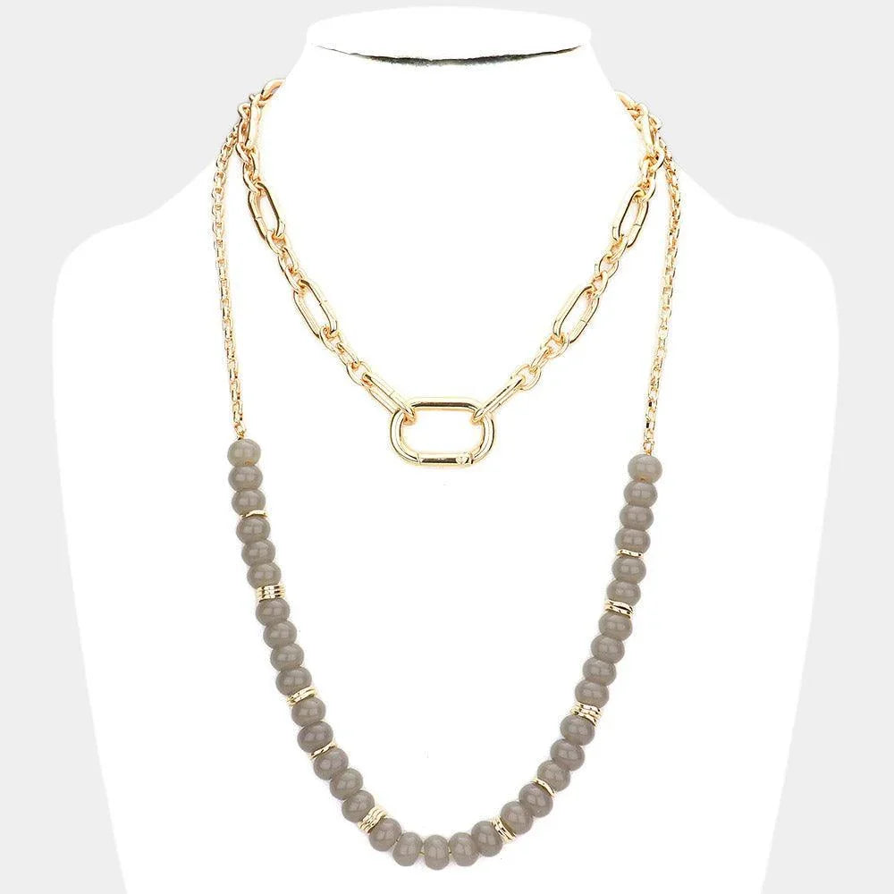 Gray Open Metal Oval Link Resin Beaded Double Layered Bib Necklace - Jewelry Store by Erik Rayo