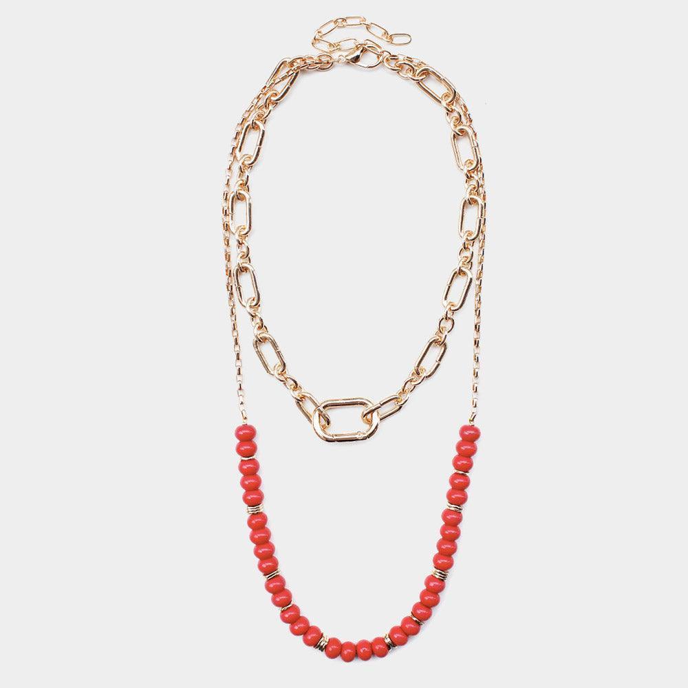 Red Open Metal Oval Link Resin Beaded Double Layered Bib Necklace - Jewelry Store by Erik Rayo