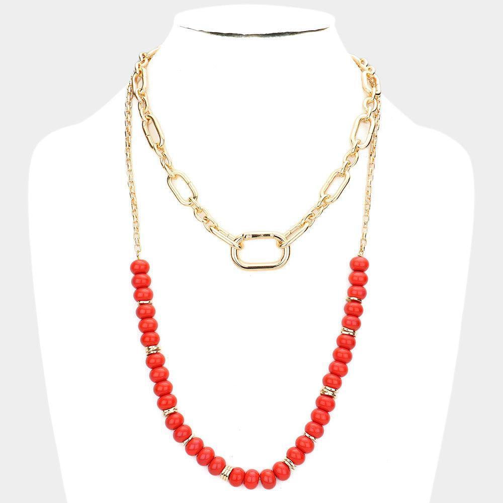 Red Open Metal Oval Link Resin Beaded Double Layered Bib Necklace - Jewelry Store by Erik Rayo
