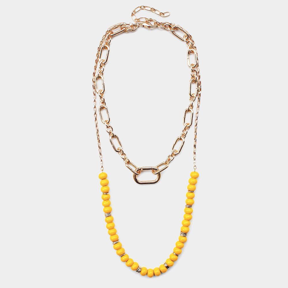 Yellow Open Metal Oval Link Resin Beaded Double Layered Bib Necklace - Jewelry Store by Erik Rayo