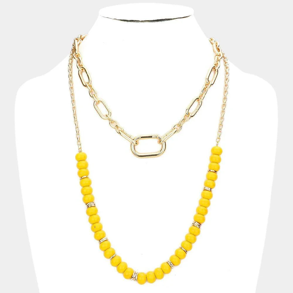 Yellow Open Metal Oval Link Resin Beaded Double Layered Bib Necklace - Jewelry Store by Erik Rayo