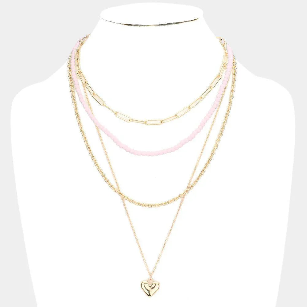 Pink Metal Heart Pendant Multi Layered Necklace - Jewelry Store by Erik Rayo